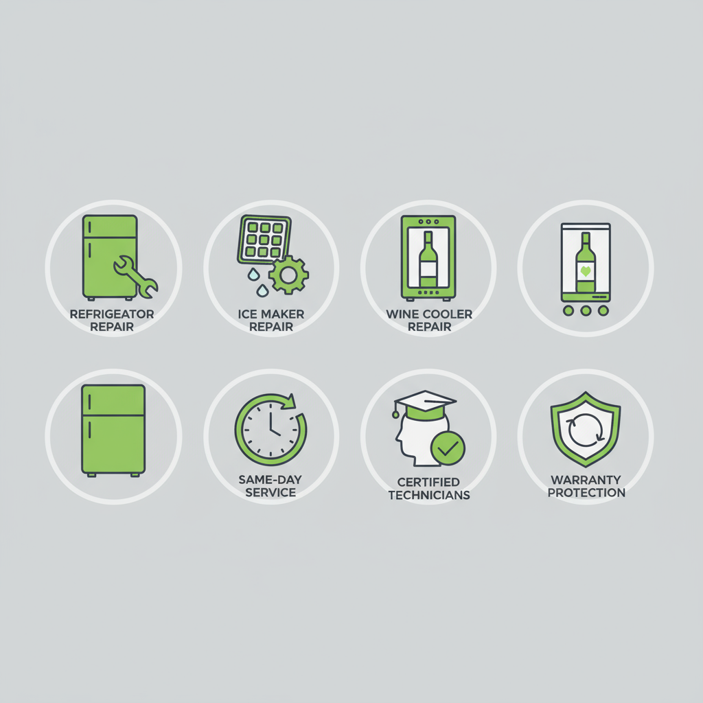 A square icon array showcasing Sub Zero repair services including refrigerator repair, ice maker repair, wine cooler repair, same-day service, certified technicians, and warranty protection.