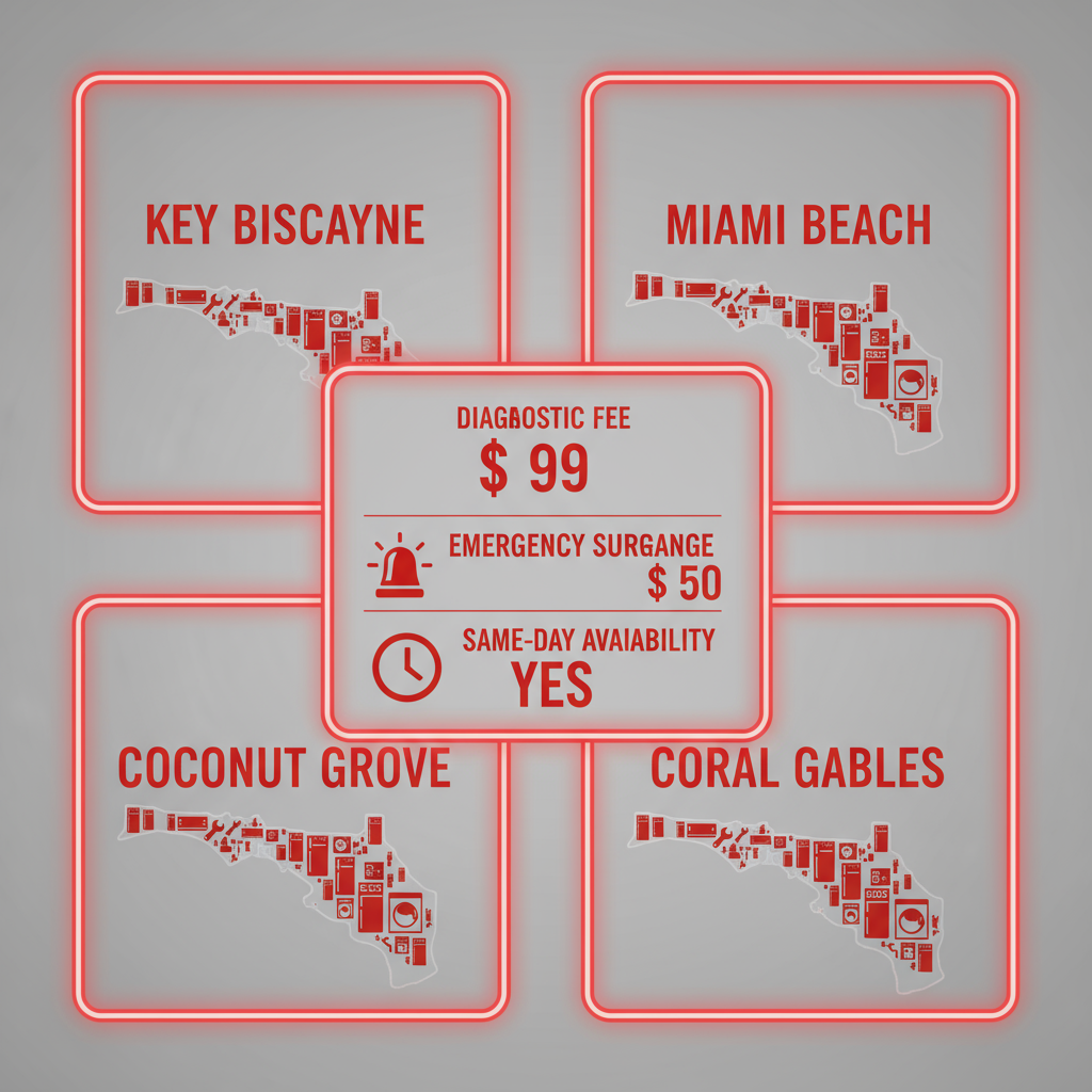 Infographic showing Sub Zero appliance repair service area coverage for Key Biscayne, Miami Beach, Coconut Grove, Coral Gables, with details on diagnostic fees, emergency call surcharges, and same-day availability.