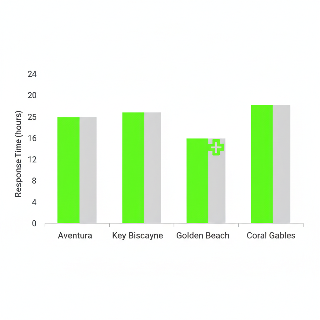 Bar chart comparing appliance repair response times in Aventura, Key Biscayne, Golden Beach, and Coral Gables for Sub Zero Repair.