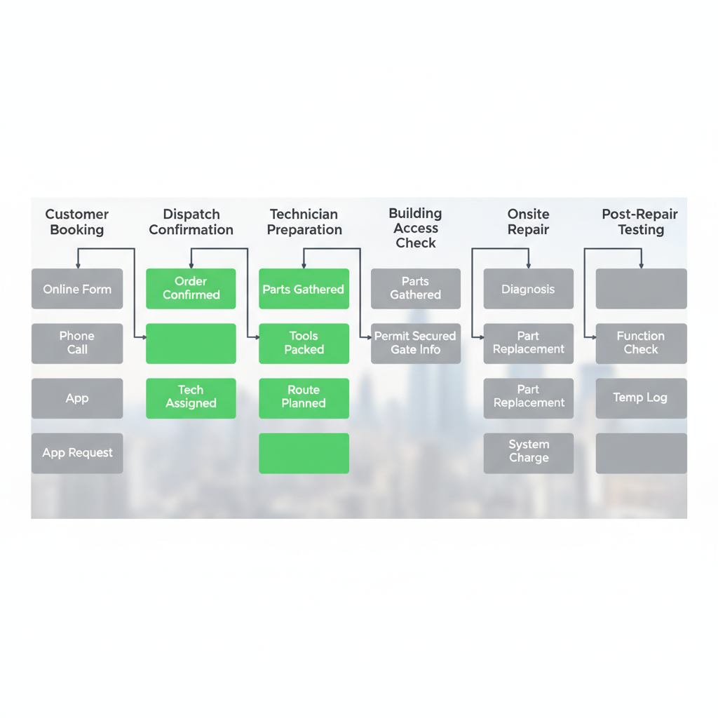 Vertical process flow showing 6 steps for Sub Zero appliance repair service dispatch in Manhattan.