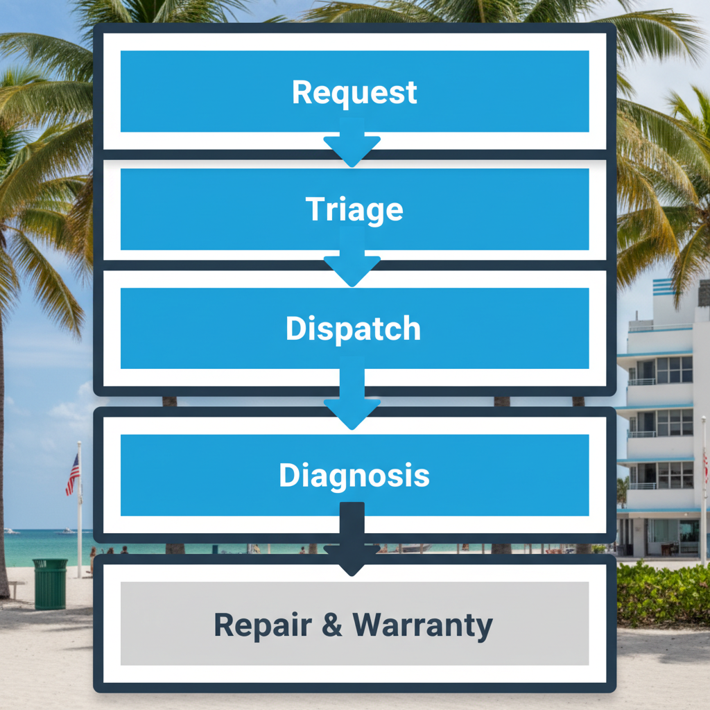 Vertical process flow showing steps from online request to appliance repair and warranty registration for Sub Zero appliances in Miami Beach.