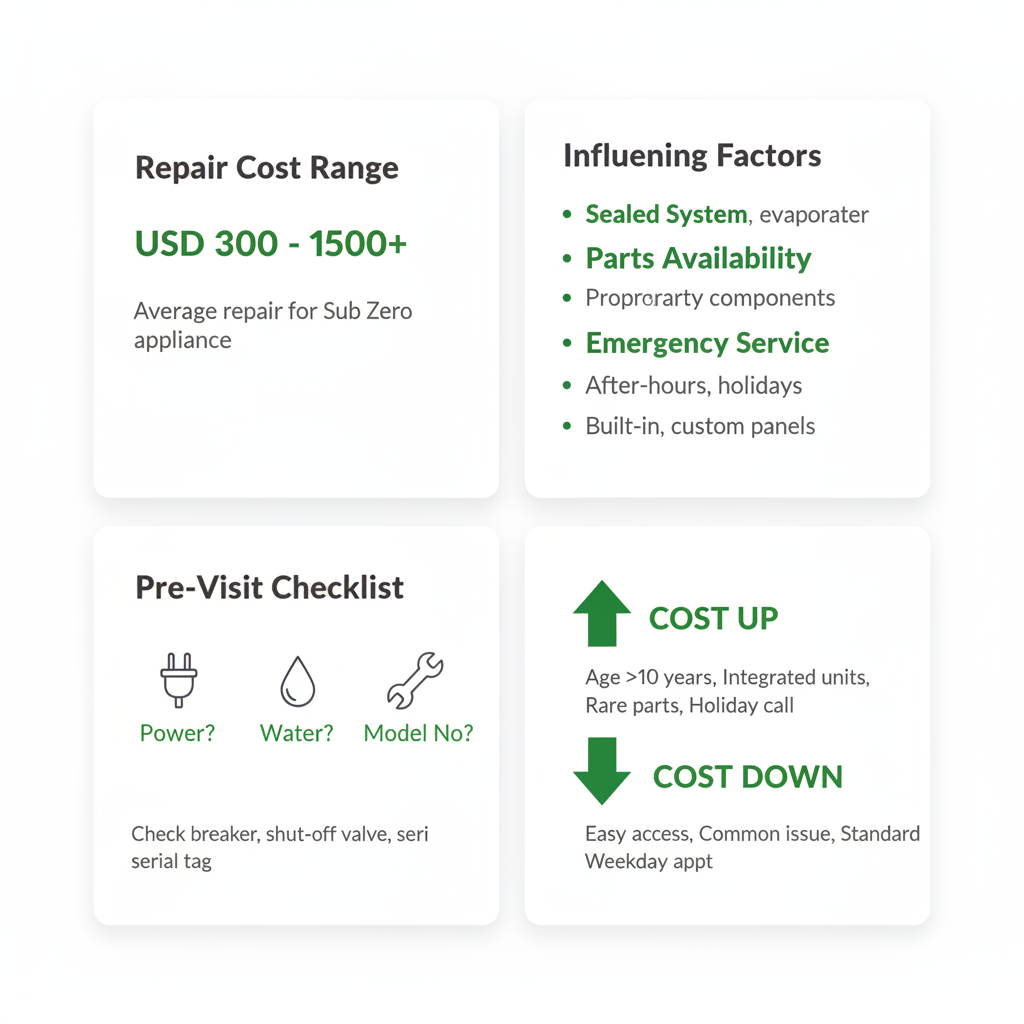 Infographic detailing typical Sub Zero appliance repair cost ranges and influencing factors in Miami Beach, along with a pre-visit checklist.