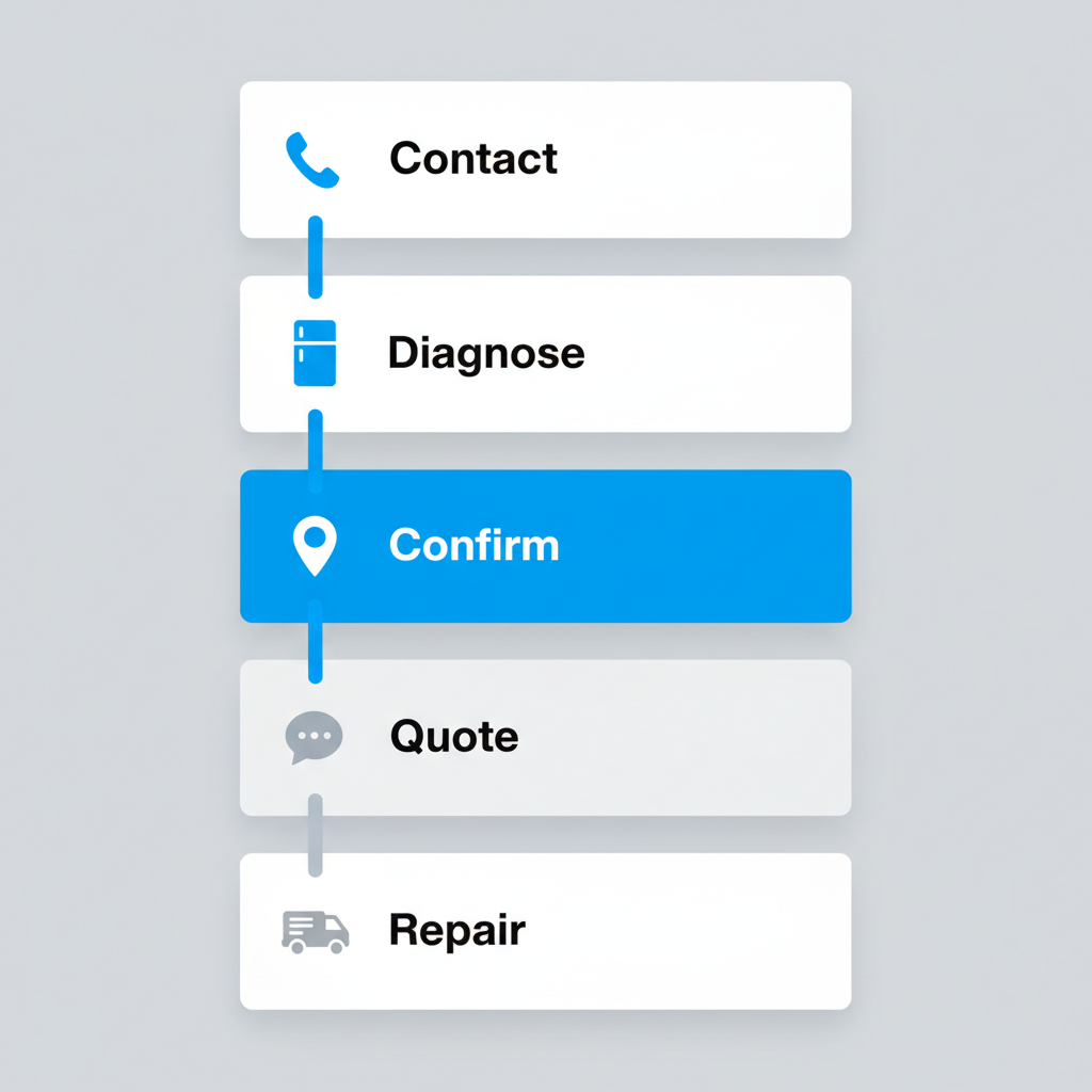 Vertical process flow illustrating 5 steps to book Sub Zero appliance repair service in NYC