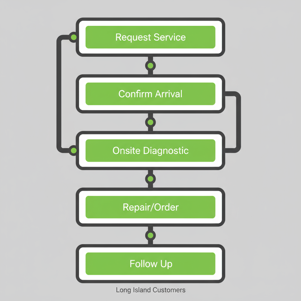 Vertical process flow illustrating 5 steps of the Sub Zero appliance repair service visit for Long Island customers, from initial request to follow-up.