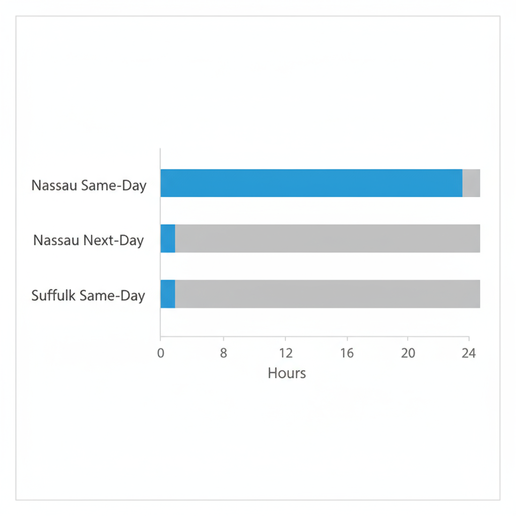 Bar chart comparing Sub Zero repair same-day and next-day service availability for Nassau and Suffolk areas on Long Island.