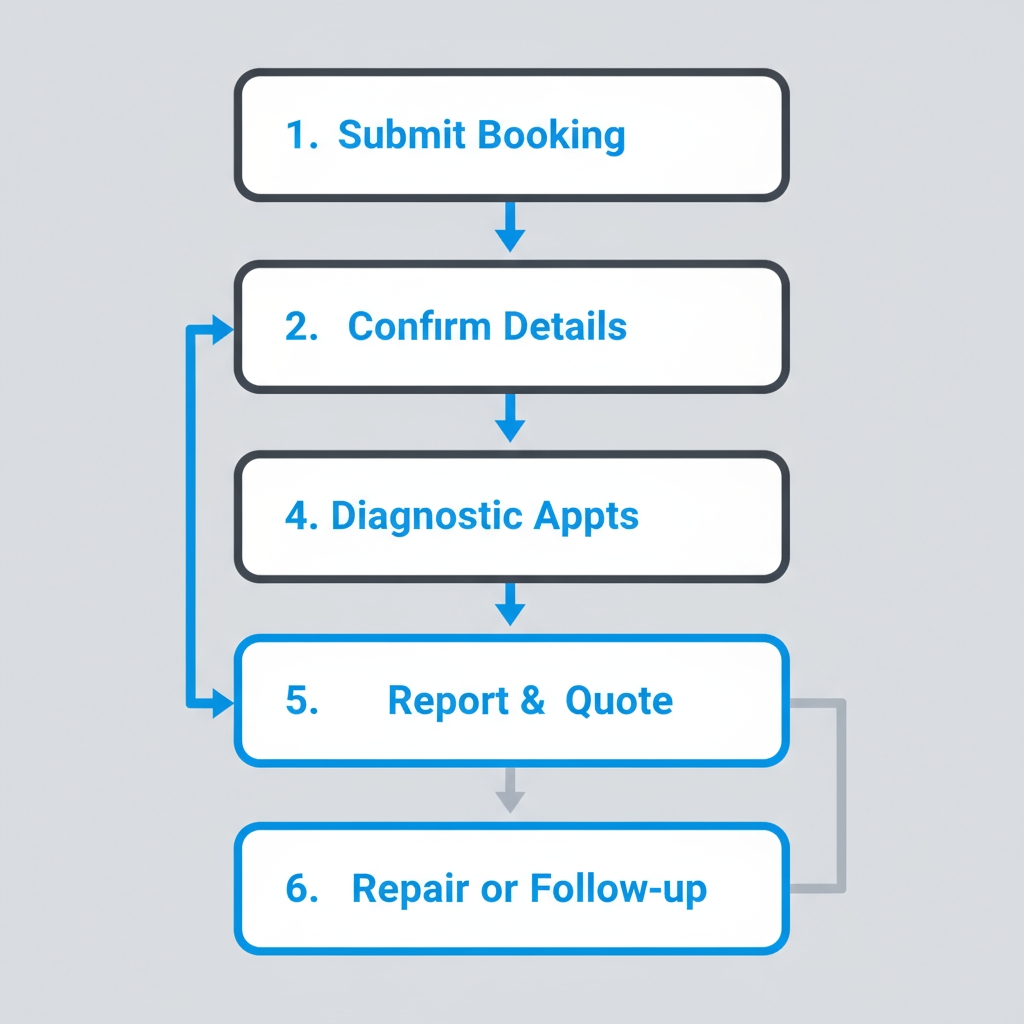 Vertical process flow showing 6 steps for scheduling Sub Zero appliance repair service online or by phone.