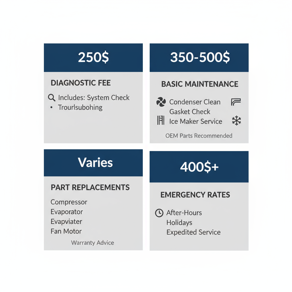 Infographic showing a maintenance checklist with icons and typical price ranges for Sub Zero appliance repairs, including diagnostic fees and emergency rates.