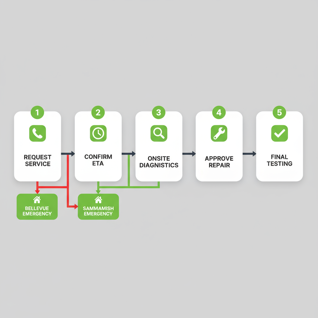 Vertical process flow illustrating the 5-step detailed booking and repair process for Sub Zero appliances, from initial request to final testing and warranty.