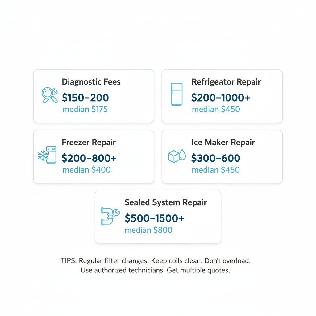 Infographic showing typical repair cost ranges for Sub-Zero refrigerators, freezers, ice makers, and sealed systems, including diagnostic fees.