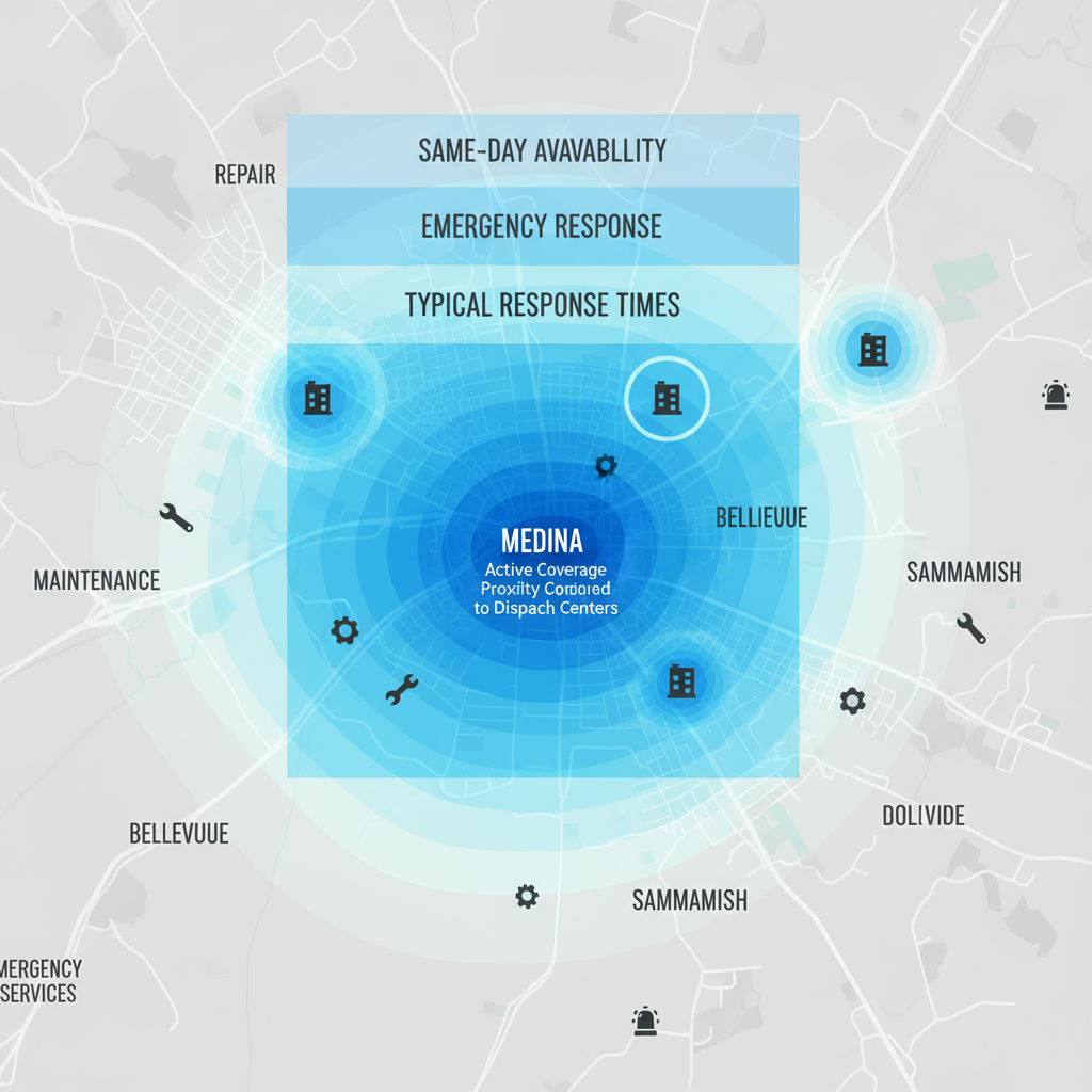 Heat map showing service coverage for Sub Zero Repair in Medina, Bellevue, and Sammamish, indicating response times and availability.