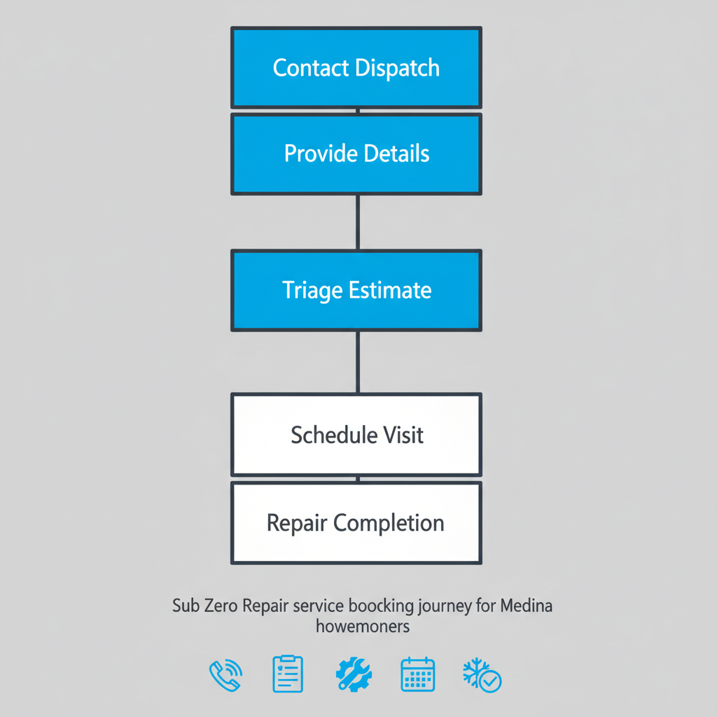 Vertical process flow illustrating the five-step Sub Zero appliance repair booking journey for customers.