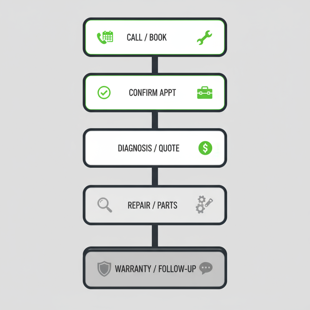 Vertical process flow illustrating the 6 steps of Sub Zero appliance repair service from booking to post-service follow-up