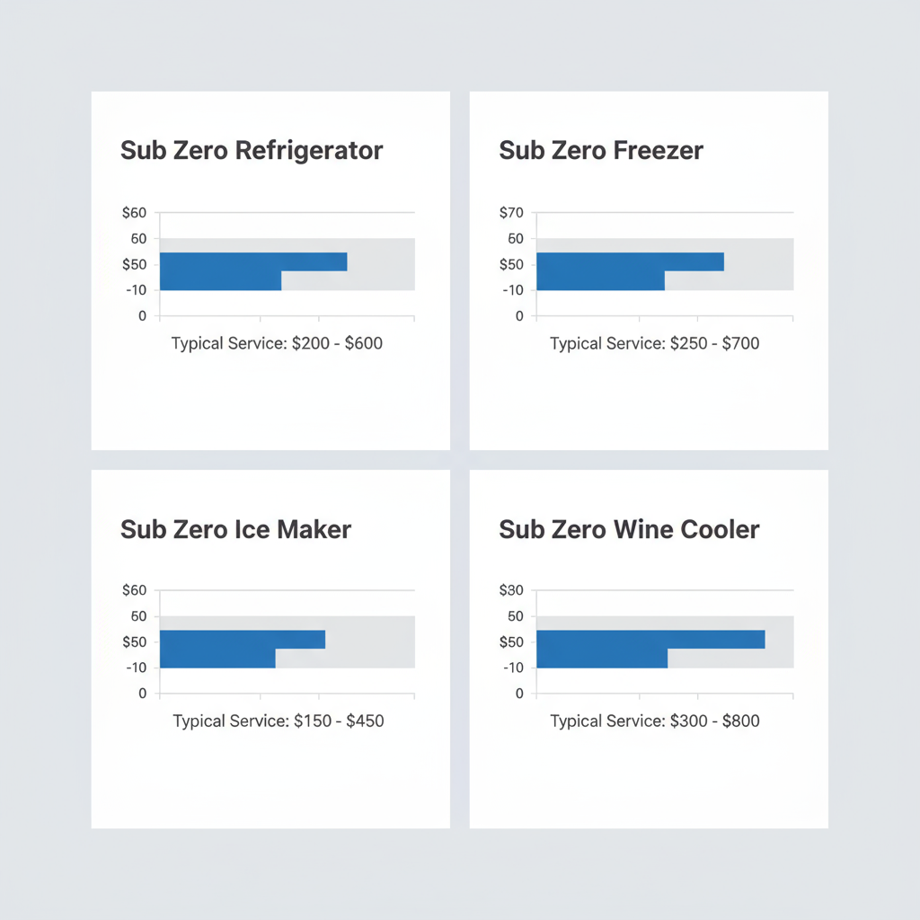 Infographic showing common Sub Zero appliance types serviced in Kirkland with their typical repair pricing ranges.