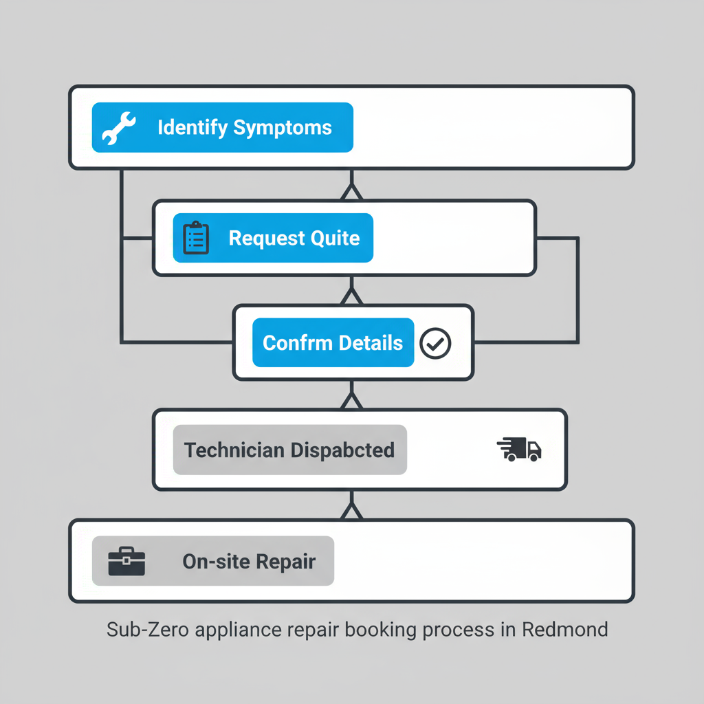Vertical process flow showing 5 steps for booking Sub-Zero appliance repair, from symptom identification to on-site service.