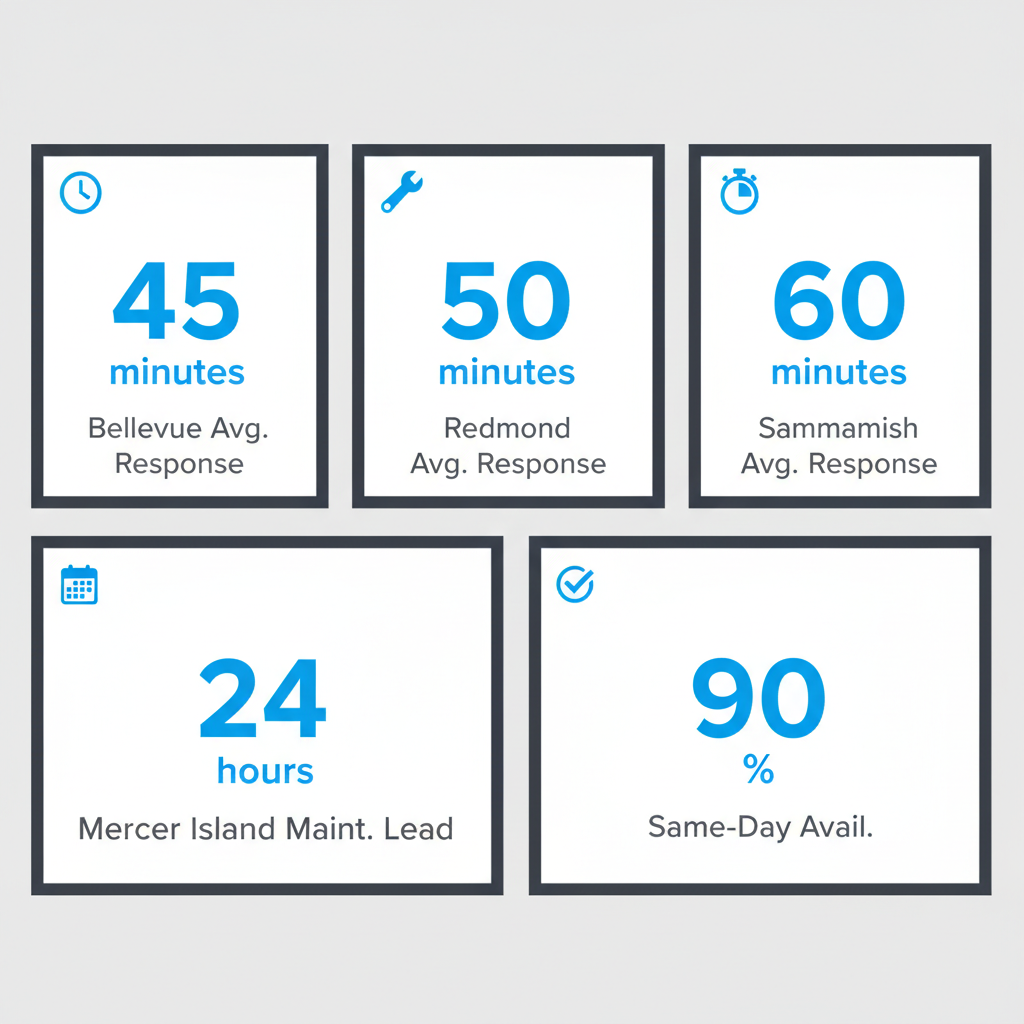 Infographic showing various Sub-Zero repair response times for different Eastside locations like Redmond, Bellevue, Sammamish, and Mercer Island, with an emphasis on same-day availability.