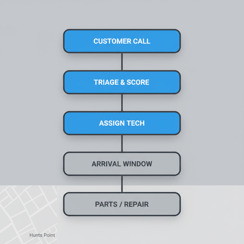 Vertical process flow illustrating the six steps of emergency Sub-Zero appliance repair dispatch in Hunts Point, from initial customer contact to parts ordering or repair completion.