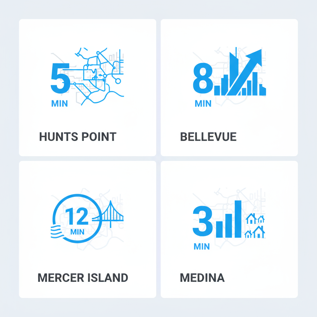 Infographic showing service area coverage for Hunts Point, Bellevue, Mercer Island, and Medina with average response times