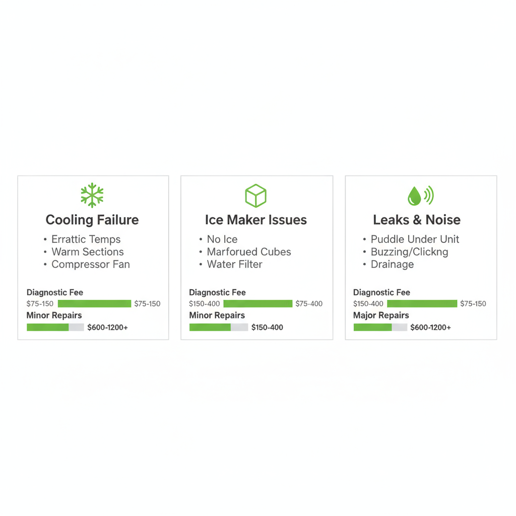 Infographic detailing common Sub-Zero appliance problems, their estimated repair costs, and homeowner troubleshooting tips with icons for cooling failure, ice maker issues, and leaks.