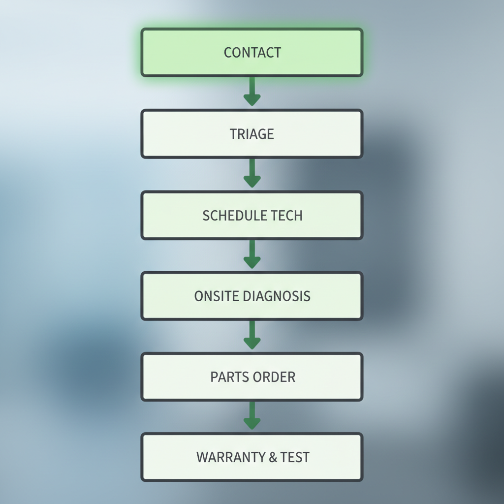 Vertical process flow illustrating the 7 steps of Sub Zero appliance repair service dispatch, from customer contact to warranty registration.