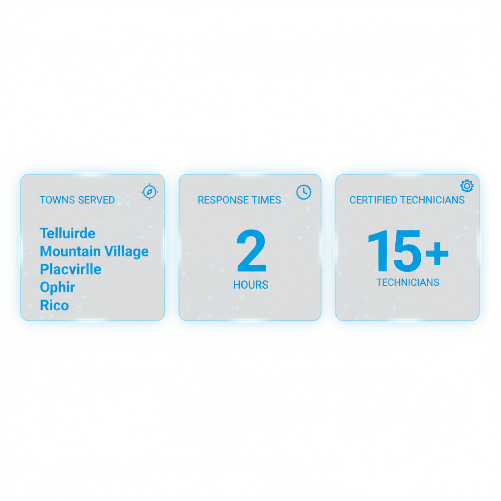 Data visualization showing key local service metrics for Sub Zero Repair including towns served, response times, and technician certifications
