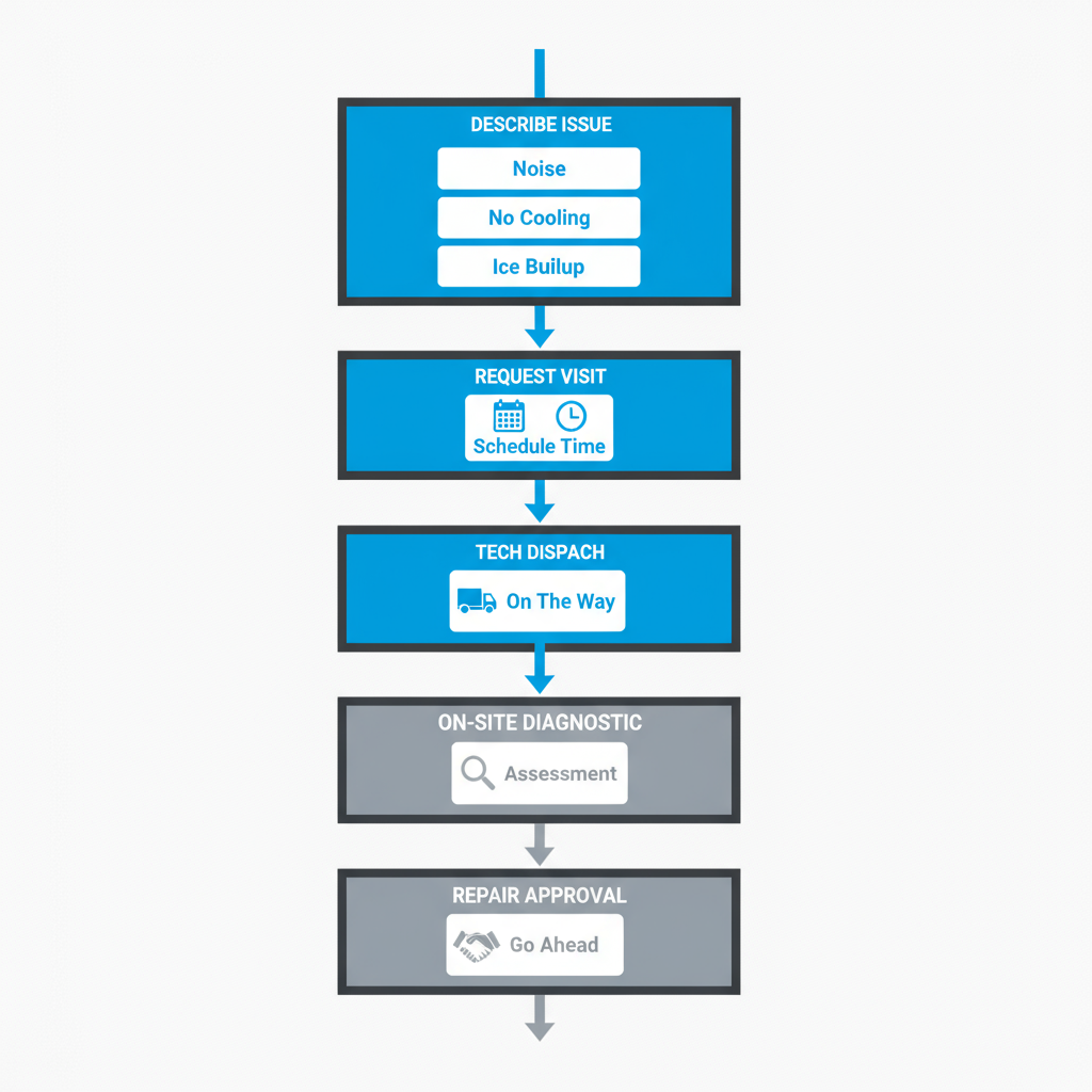 Vertical process flow showing the 5 steps for Sub Zero appliance repair booking: issue description, visit request, technician dispatch, diagnostic, and repair approval.