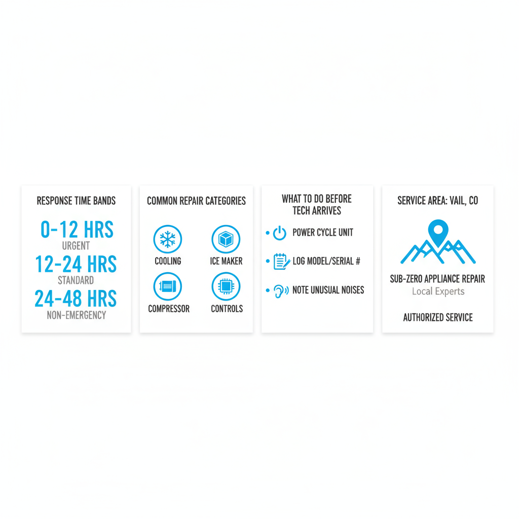 Infographic showing Sub Zero repair service area for Vail, CO, with coverage notes, response times, common repair types, and pre-tech arrival checklist