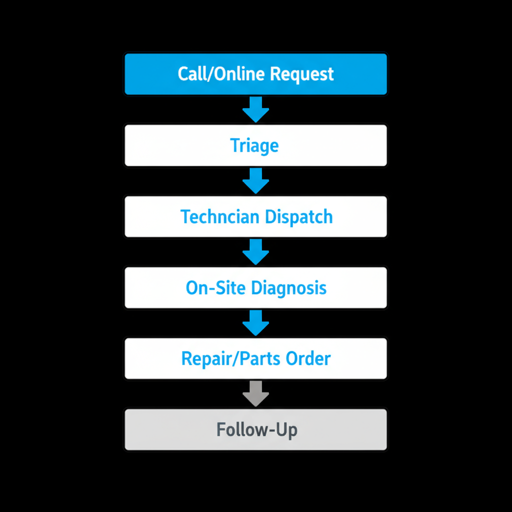 Vertical process flow illustrating emergency appliance repair dispatch steps from initial contact to follow-up