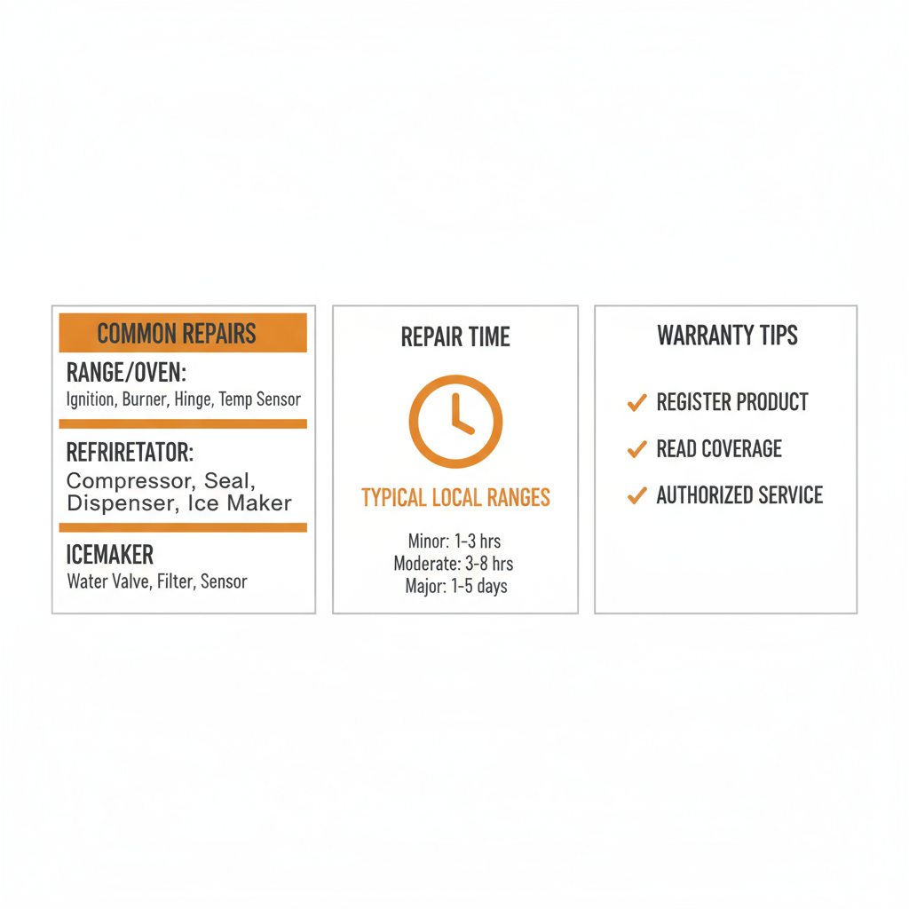Infographic showing common Wolf appliance repairs for ranges, ovens, fridges, and icemakers with repair times and warranty advice