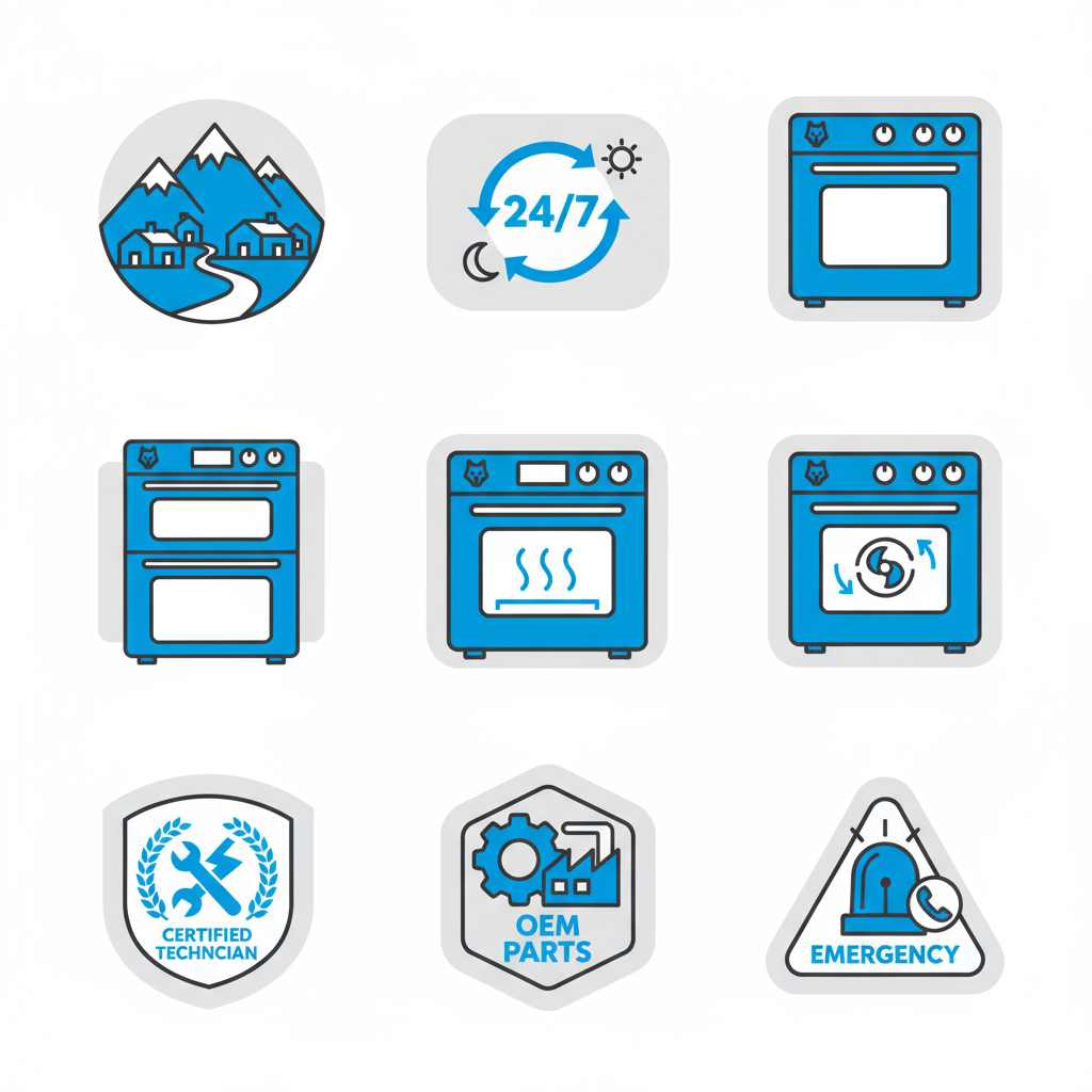 Set of nine icons depicting Sub Zero repair services in Boulder, including neighborhoods, service hours, oven types, certification, and OEM parts.