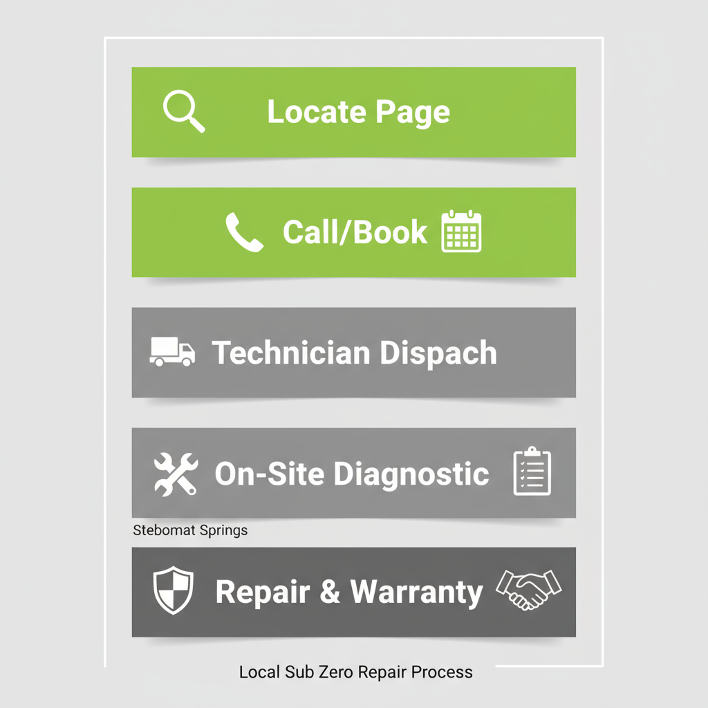 Vertical process flow showing 5 stages of Sub Zero appliance repair booking and service in Steamboat Springs.