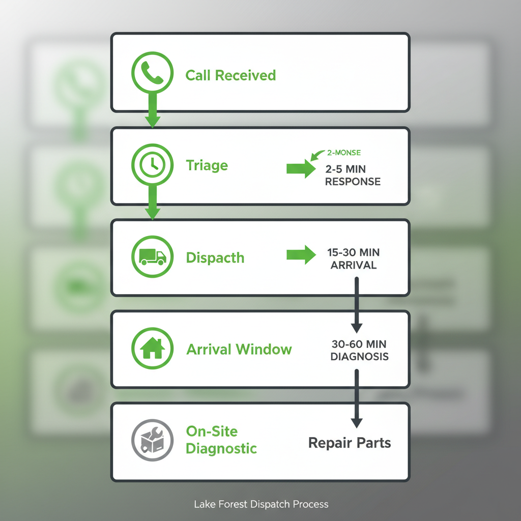 Vertical process flow showing 6 steps for local appliance repair dispatch from call to repair, with icons and labels