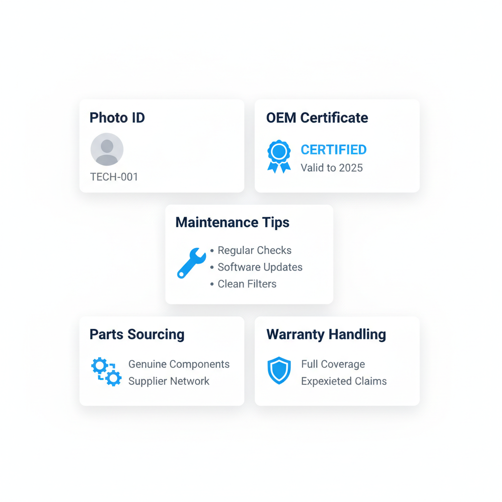 Infographic detailing the verification steps for a certified appliance repair technician, including photo ID, OEM training, parts sourcing, warranty, and maintenance tips.