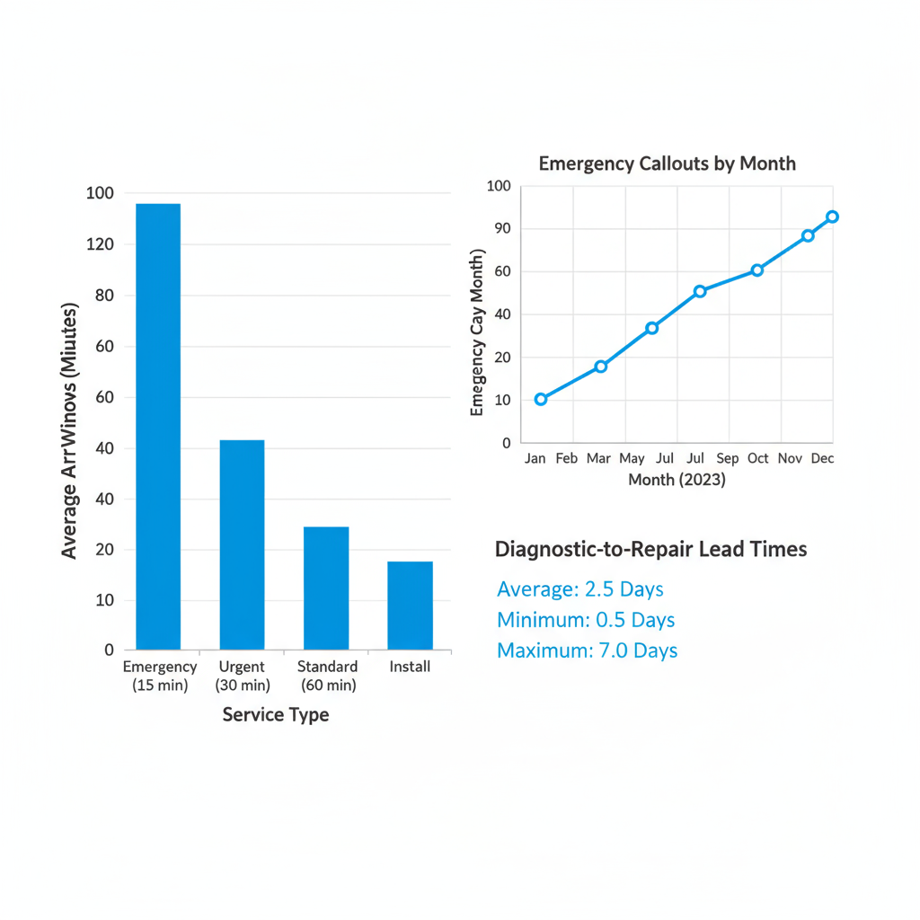 Data visualization showing average response times and emergency callout frequency in Glencoe for appliance repair services.
