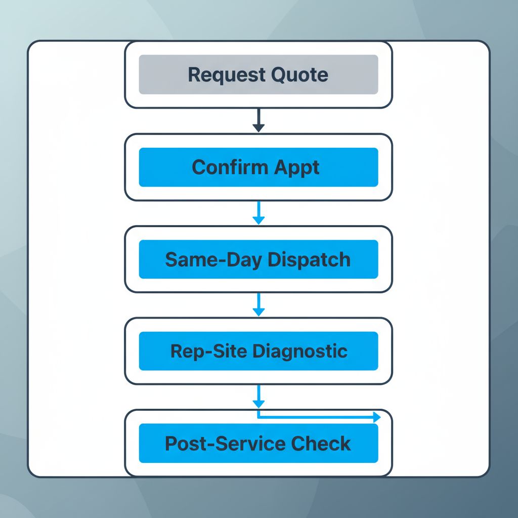Vertical process flow illustrating the Sub Zero appliance repair service journey, from initial quote request to post-service warranty registration.