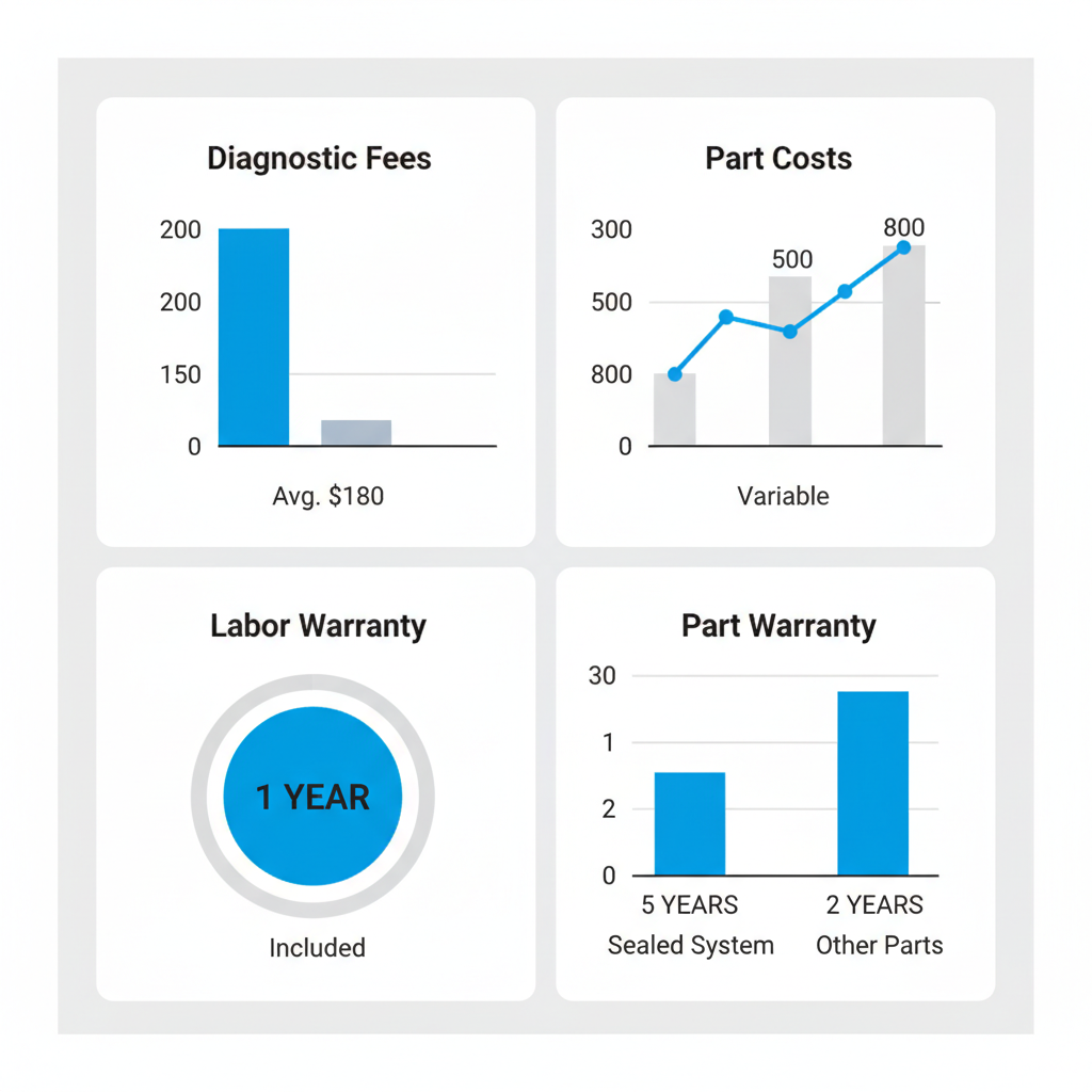 Infographic showing typical cost ranges and warranty highlights for Sub Zero repairs in Hinsdale, Illinois, including diagnostic fees, common part replacement costs, and warranty periods.