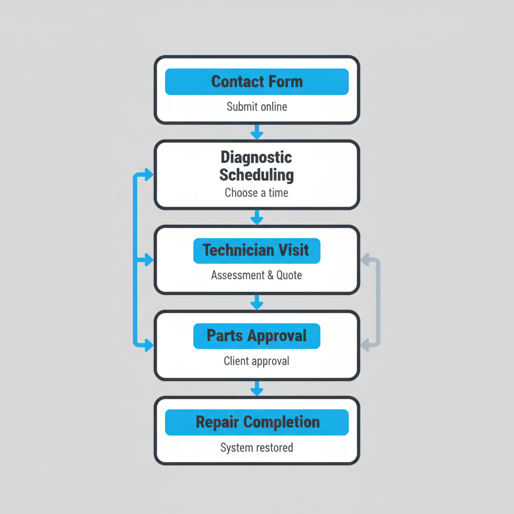 A vertical process flow illustrating 5 steps to request Sub Zero appliance repair service in Wilmette, from initial contact to repair completion.