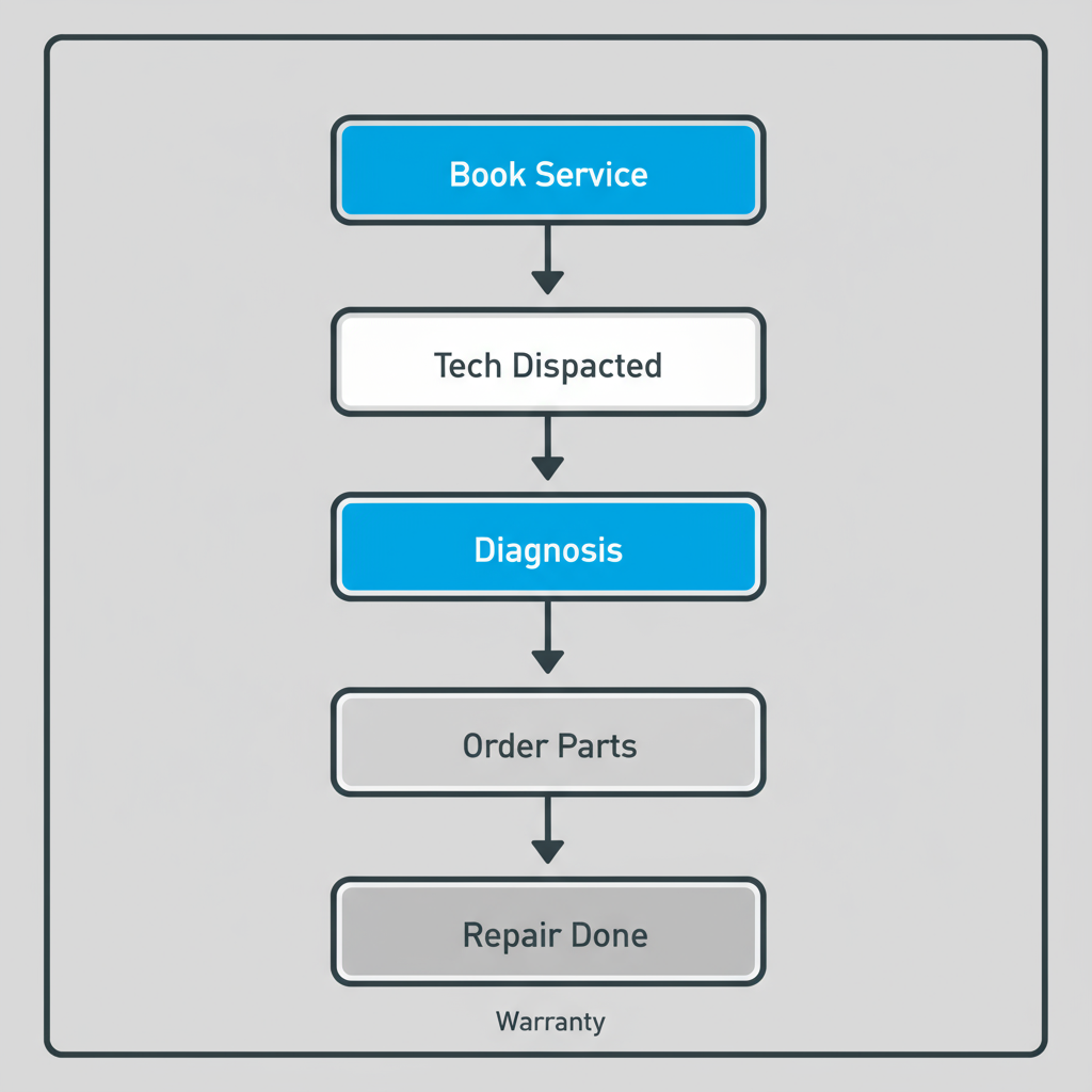 Vertical process flow outlining Sub Zero appliance repair booking, dispatch, and completion.