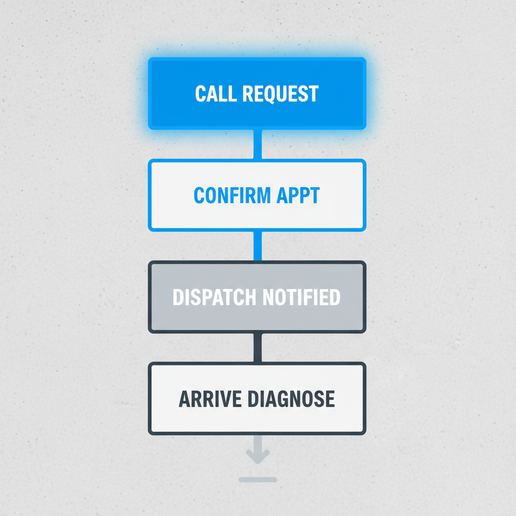 Vertical process flow showing four steps for booking same-day Sub Zero repair service in Highland Park.