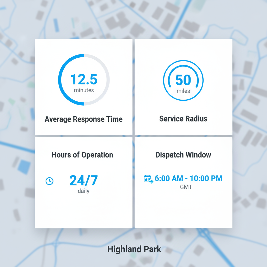 Data visualization showing Sub Zero Repair response times, service radius, hours of operation, and dispatch window for Highland Park.