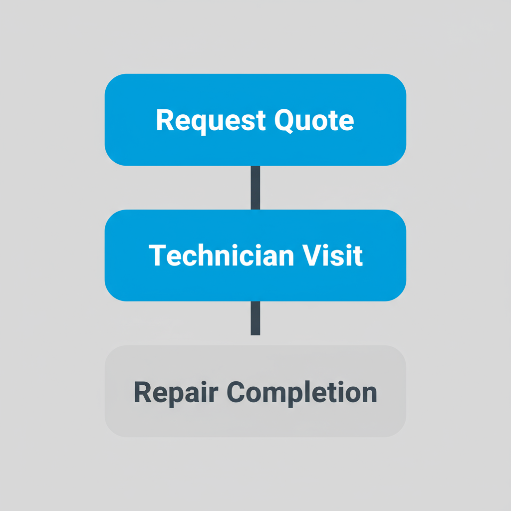 Vertical process flow illustrating the steps to book Sub Zero repair service from quote request to repair completion.