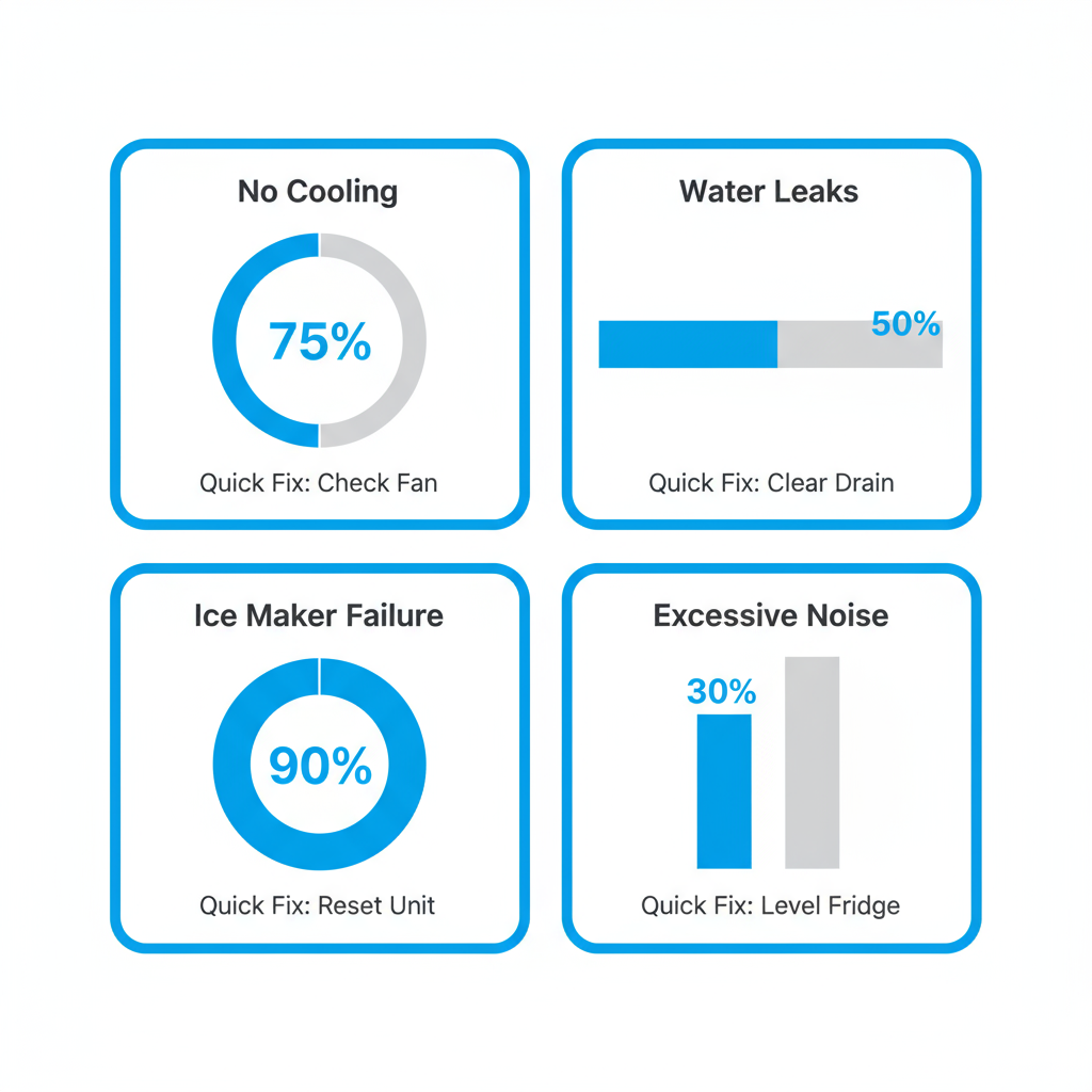 Infographic showing common Sub-Zero refrigerator problems with their frequency and quick fixes.
