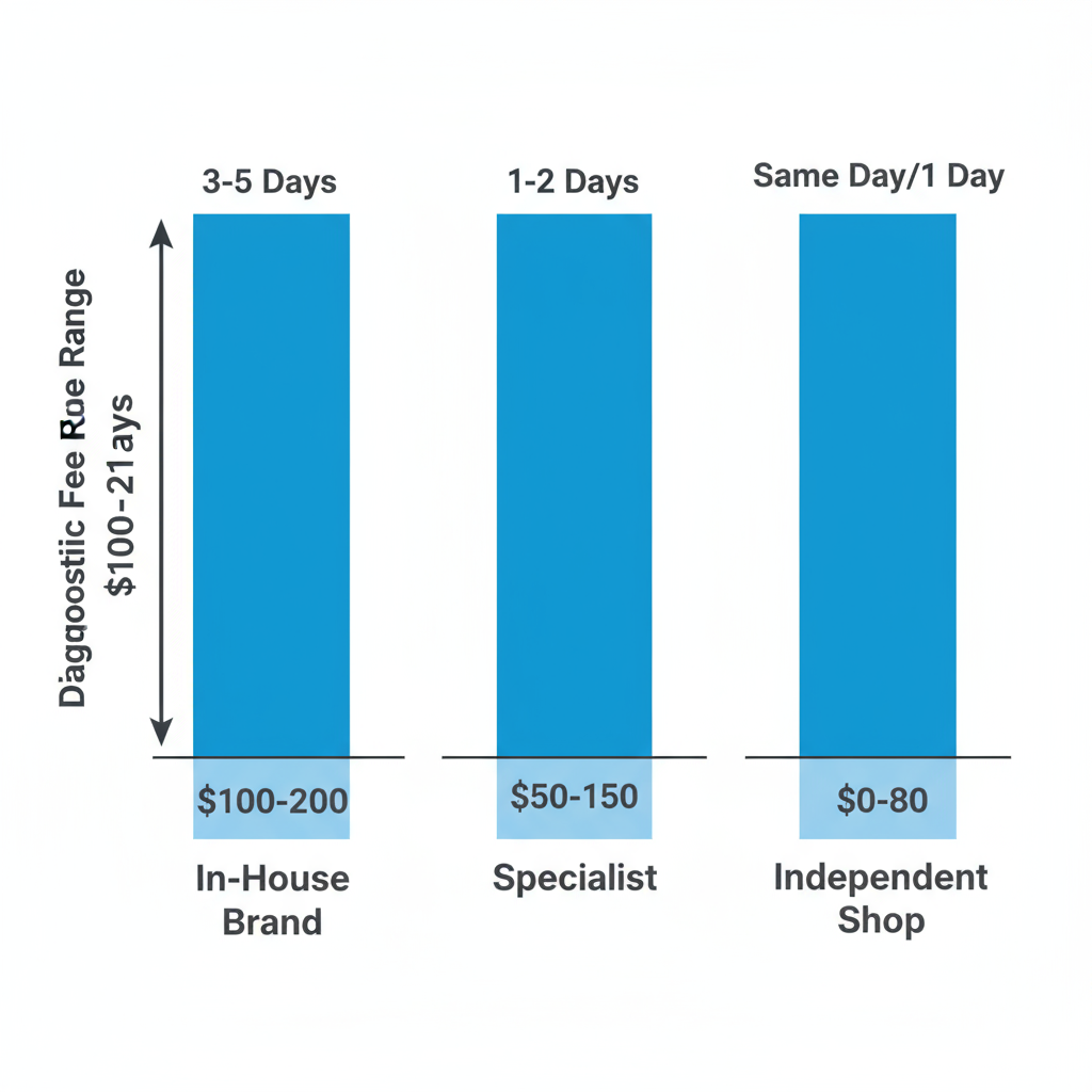Data visualization comparing average response times and diagnostic fees for In-House Brand, Specialist, and Independent Shop appliance repair services.