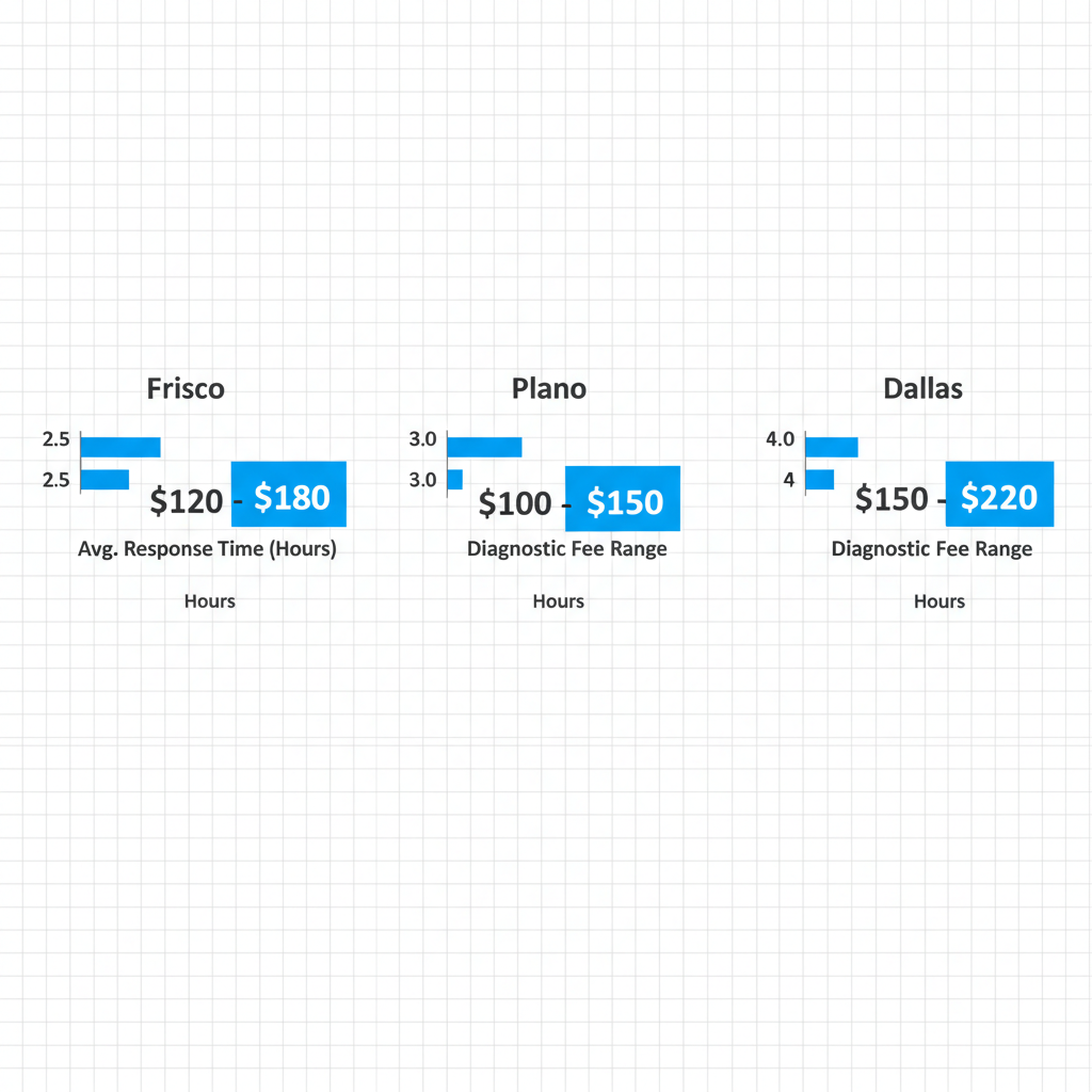 Data visualization comparing Sub Zero appliance repair response times and diagnostic fees for Frisco, Plano, and Dallas homeowners.