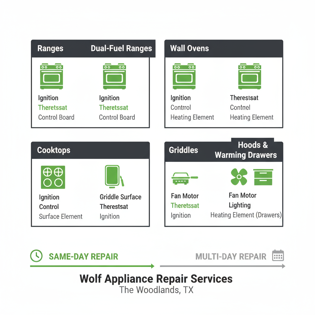 Infographic showing appliances serviced by Sub Zero Repair, including Wolf ranges, ovens, cooktops, and hoods, with details on common faults and repair timelines in The Woodlands.