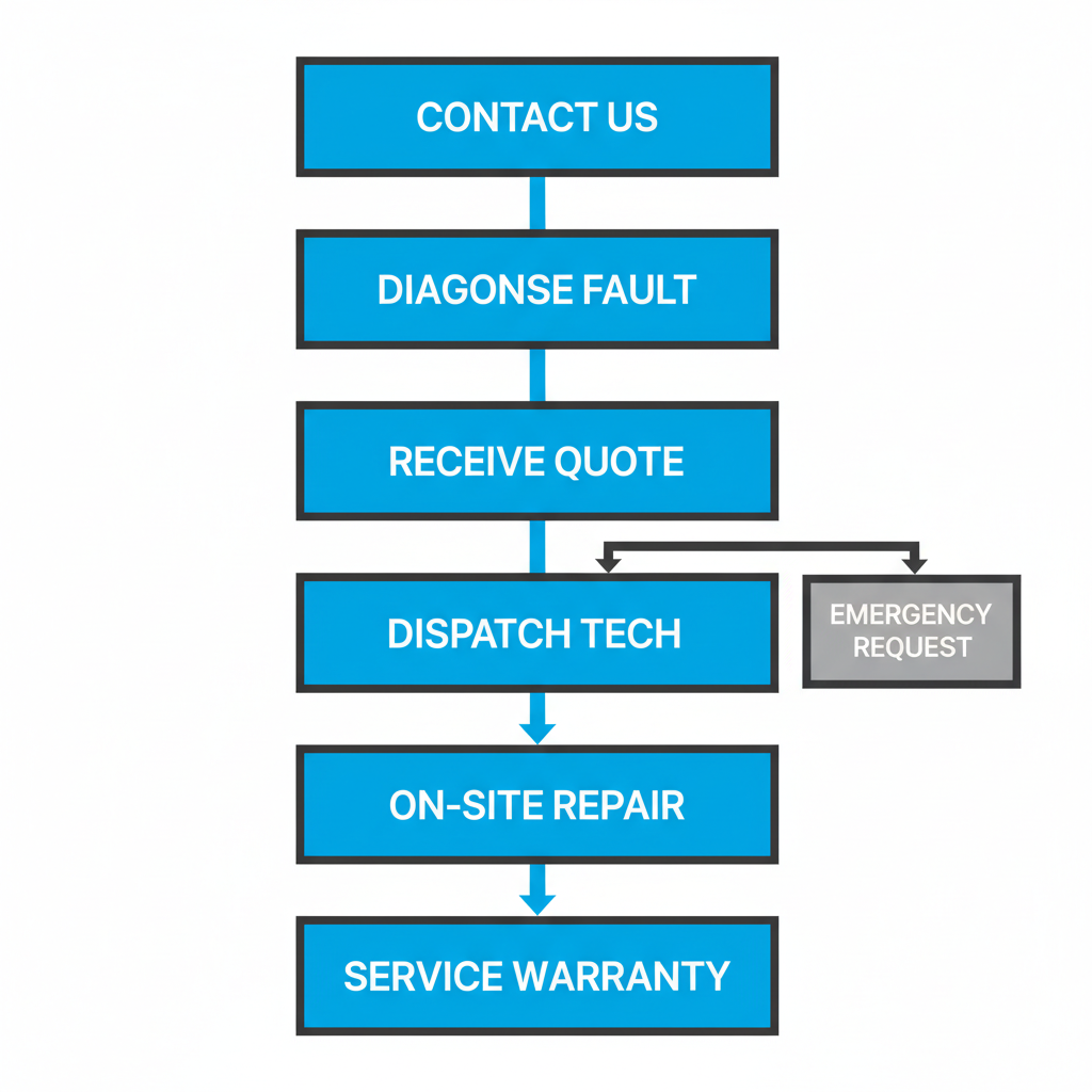 A vertical process flow depicting the six steps for booking Sub Zero appliance repair service in Westlake, from initial contact to warranty confirmation.