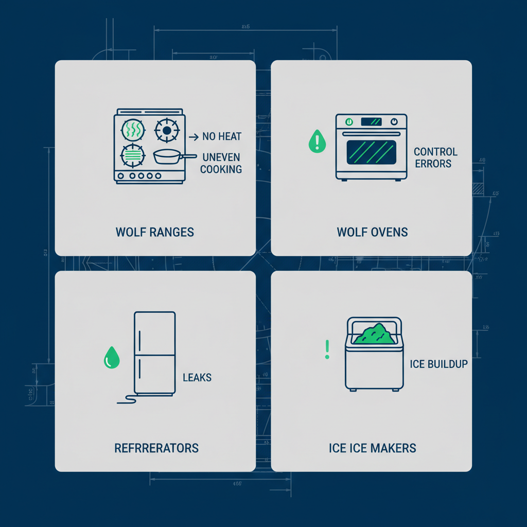 Infographic showing common Wolf appliance faults for ranges, ovens, refrigerators, and ice makers.