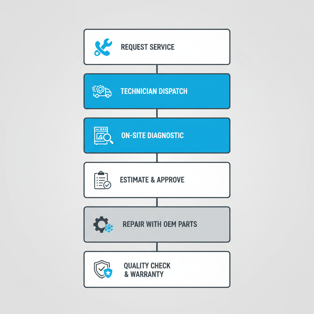 Vertical process flow illustrating the six steps involved in Sub Zero appliance repair services, from initial request to final warranty activation.