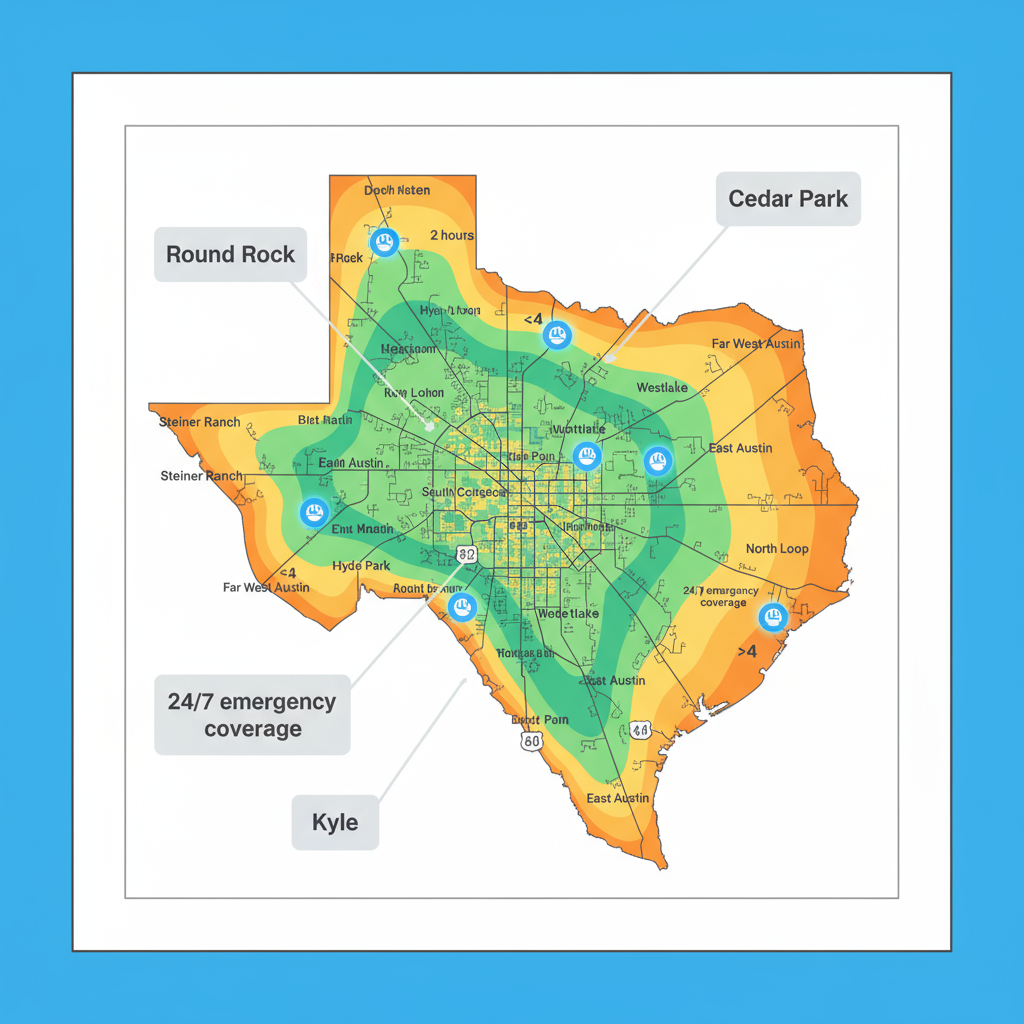 Data visualization depicting Sub Zero Repair's service areas in Austin, Texas, with color-coded response time bands and emergency service indicators.