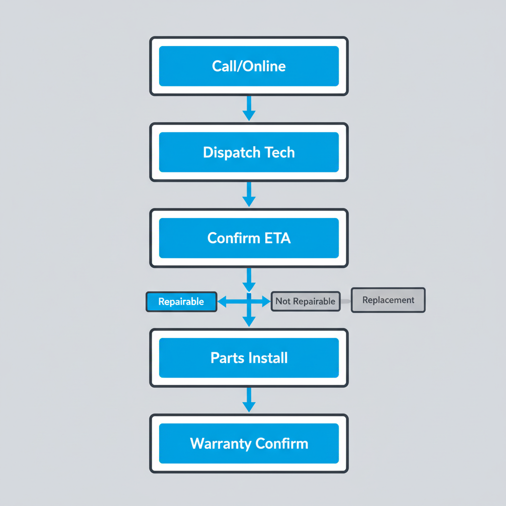 Customer journey for Wolf range repair service, from initial contact to warranty confirmation, showing six distinct steps.