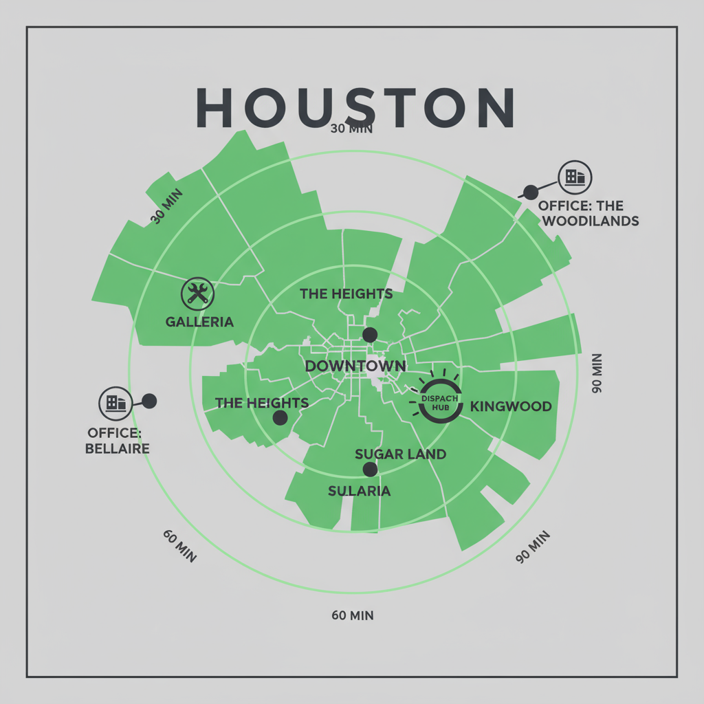 Map-style visualization of Sub Zero Repair's service coverage in Houston, including Bellaire and The Woodlands dispatch hubs and travel time bands.